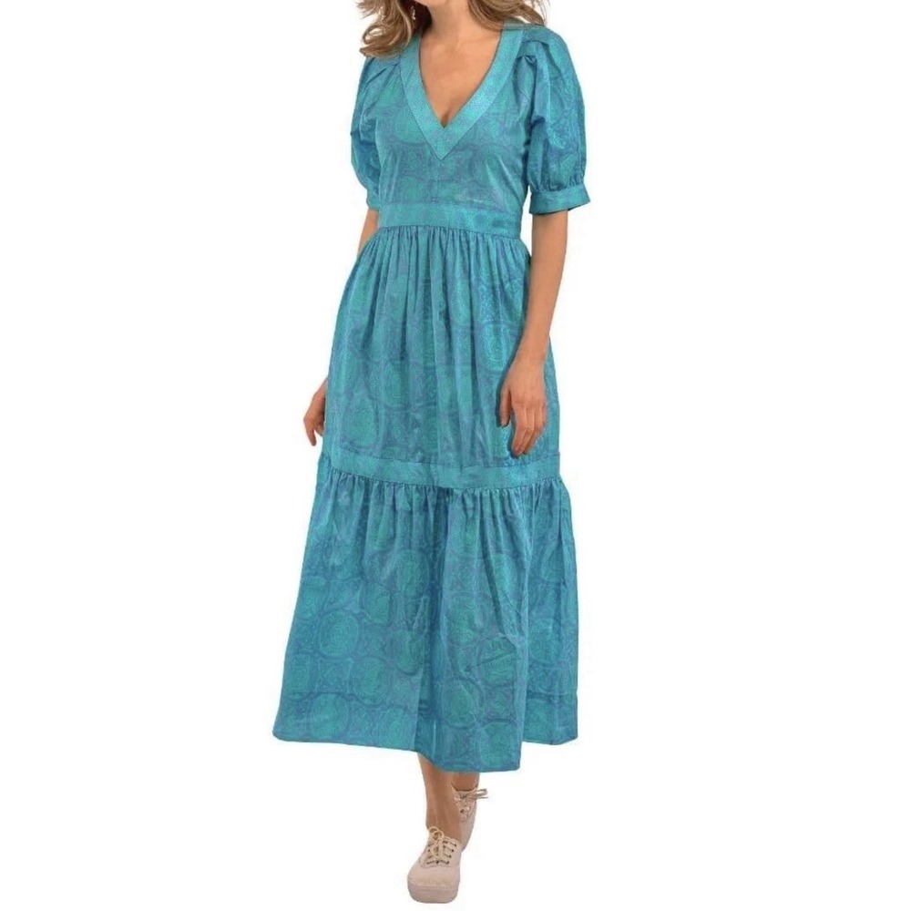 Gretchen Scott Viviers Dress Sultans Dining Room Puff Sleeve Turquoise Womens M